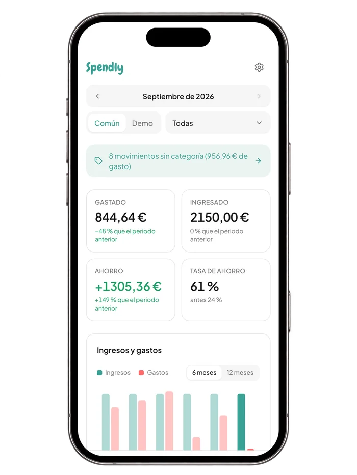 Inicio de Spendly en el móvil con datos de ejemplo.